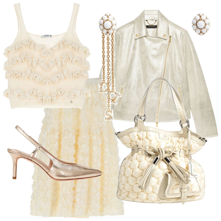 Outfit donna - Bianco panna. Stile Romantica per Cerimonia. Abbinamento con orecchini, borse a secchiello, top, gonne, décolleté, blazer.
