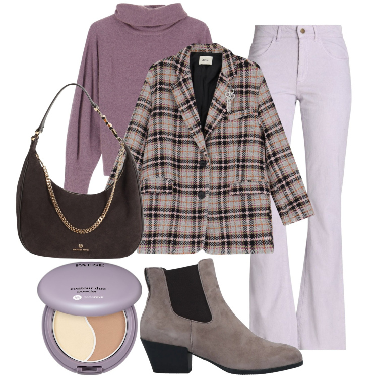 Outfit donna - Lilac. Stile Urban per Tutti i giorni. Abbinamento con stivaletti chelsea, borse a spalla, pantaloni, terre, maglieria, blazer.
