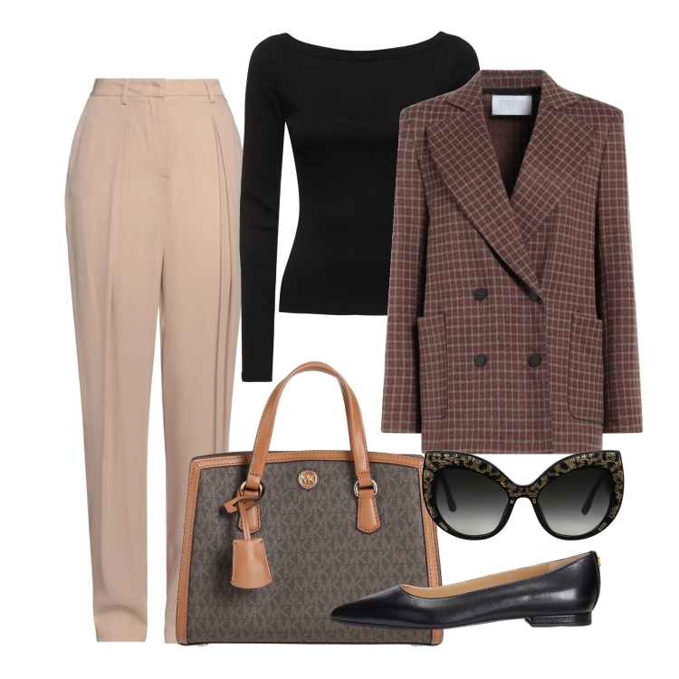 Outfit donna - Doppiopetto. Stile Bon Ton per Ufficio. Abbinamento con borse a mano, occhiali da sole, blazer, pantaloni, ballerine, t-shirt.