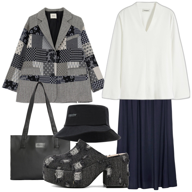 Outfit donna - Denim kick. Stile Urban per Tutti i giorni. Abbinamento con gonne lunghe, maglieria, blazer, shopping bag, cappelli, sabot.