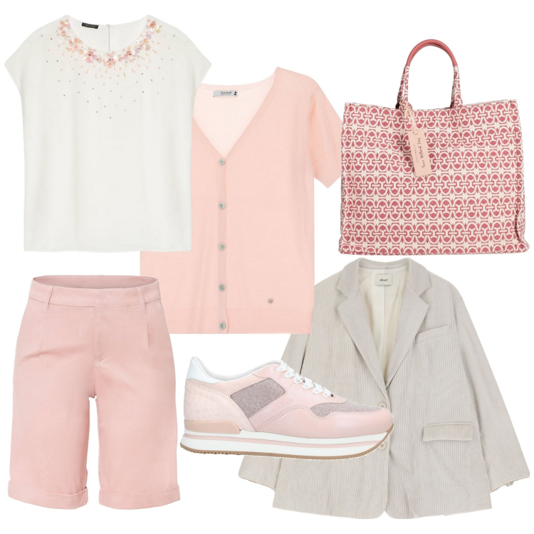 Outfit donna - Spring spring. Stile Bon Ton per Tutti i giorni. Abbinamento con bermuda, sneakers, borse a mano, cardigans, blazer, bluse.
