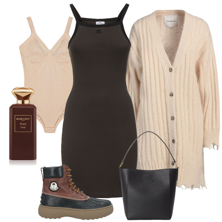 Outfit donna - Chic in tubino e anfibi. Stile Urban per Tutti i giorni. Abbinamento con stivaletti, cardigans, profumi, borse a secchiello, body, vestiti.