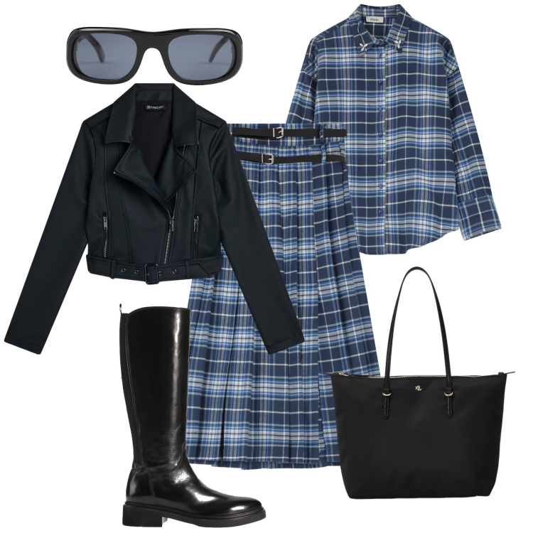 Outfit donna - City time con il completo check. Stile Trendy per Tutti i giorni. Abbinamento con stivali, occhiali da sole, giacche, gonne lunghe, camicie, borse tote.