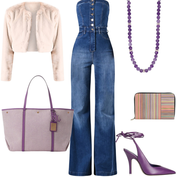 Outfit donna - Serata in jeans. Stile Casual chic per Serata fuori. Abbinamento con portafogli, décolleté, collane, bolero, tute, borse tote.