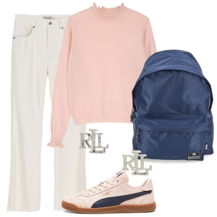 Outfit donna - Tutti i giorni. Stile Casual chic per Scuola/Università. Abbinamento con pantaloni, maglieria, orecchini, sneakers, zaini.