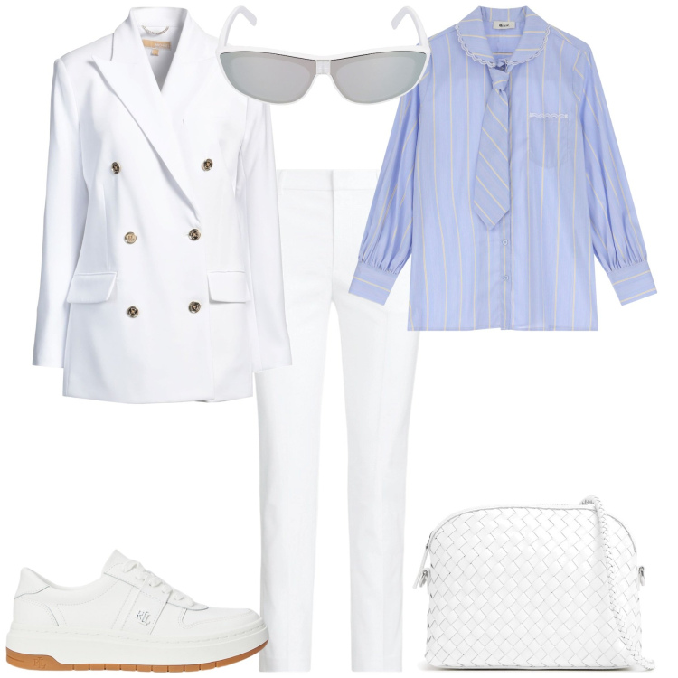 Outfit donna - Primavera sporty chic. Stile Bon Ton per Tutti i giorni. Abbinamento con blazer, camicie, sneakers, pantaloni, borse a spalla, occhiali da sole.