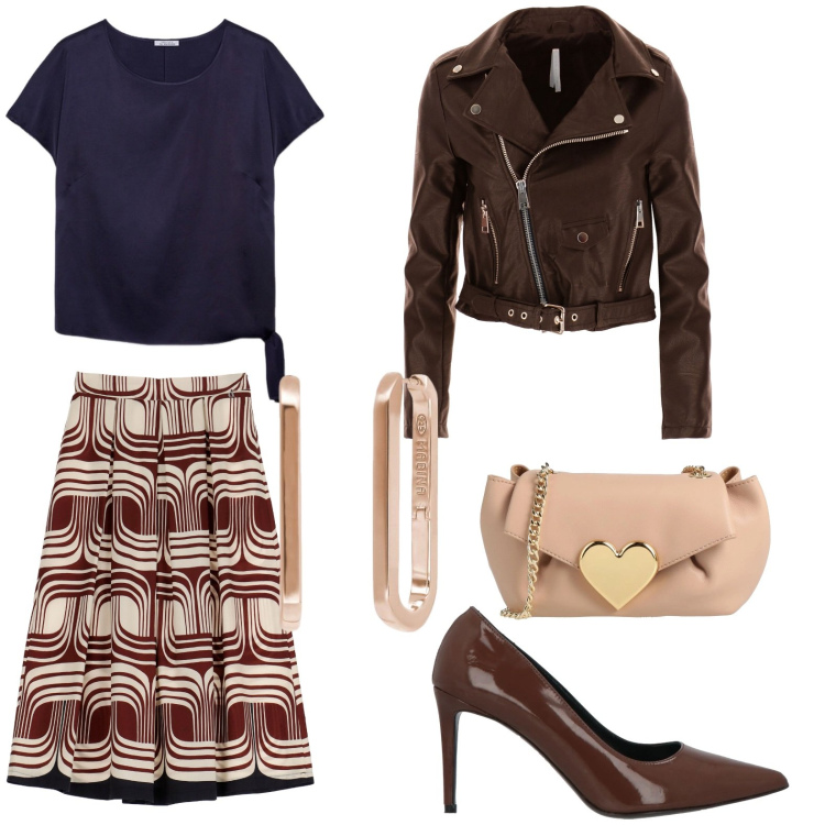 Outfit donna - Quasi primavera. Stile Casual chic per Serata fuori. Abbinamento con borse a tracolla, décolleté, orecchini, blazer, gonne, bluse.