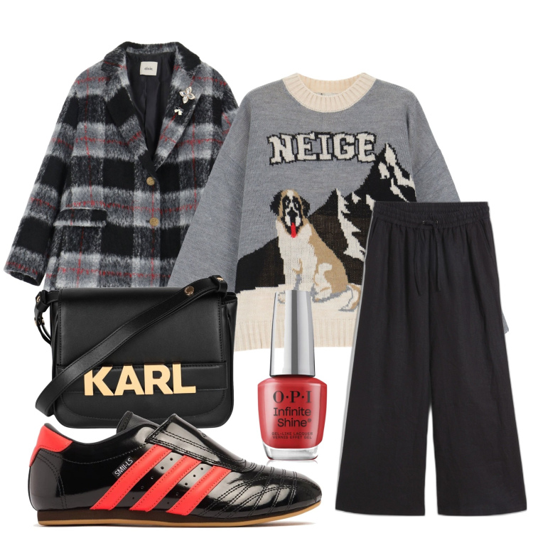Outfit donna - Rouge Mountain. Stile Casual chic per Tutti i giorni. Abbinamento con pantaloni a palazzo, borse a tracolla, smalti, maglieria, blazer, sneakers.