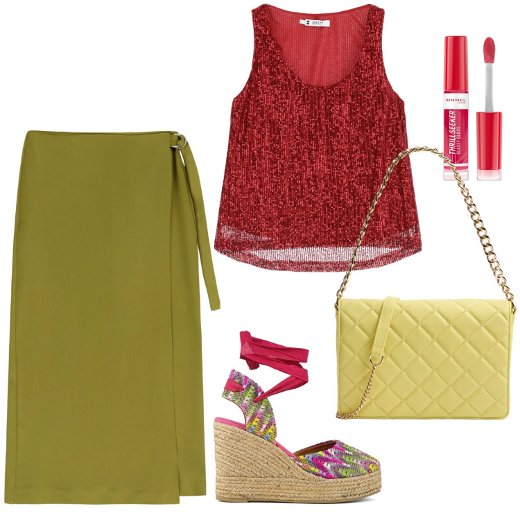 Outfit donna - Melange. Stile Casual chic per Serata fuori. Abbinamento con gloss, borse a tracolla, top, gonne longuette, sandali col tacco.