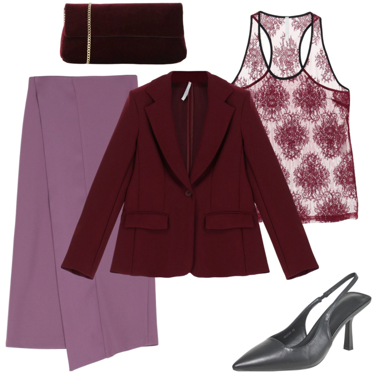 Outfit donna - Cerimonia in Bordeaux. Stile Glamour per Cerimonia. Abbinamento con décolleté, gonne longuette, blazer, canottiere, pochette.
