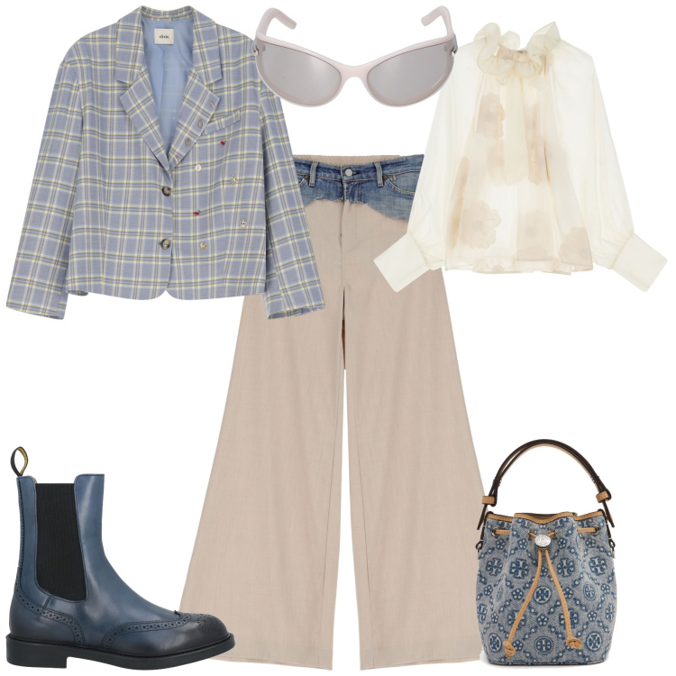 Outfit donna - Primavera sporty chic. Stile Sporty chic per Tutti i giorni. Abbinamento con stivaletti chelsea, blazer, pantaloni, bluse, borse a secchiello, occhiali da sole.