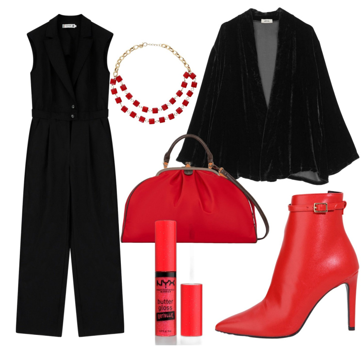 Outfit donna - Rosso e nero. Stile Chic per Serata fuori. Abbinamento con gloss, tute, stivaletti, blazer, collane, borse a spalla.