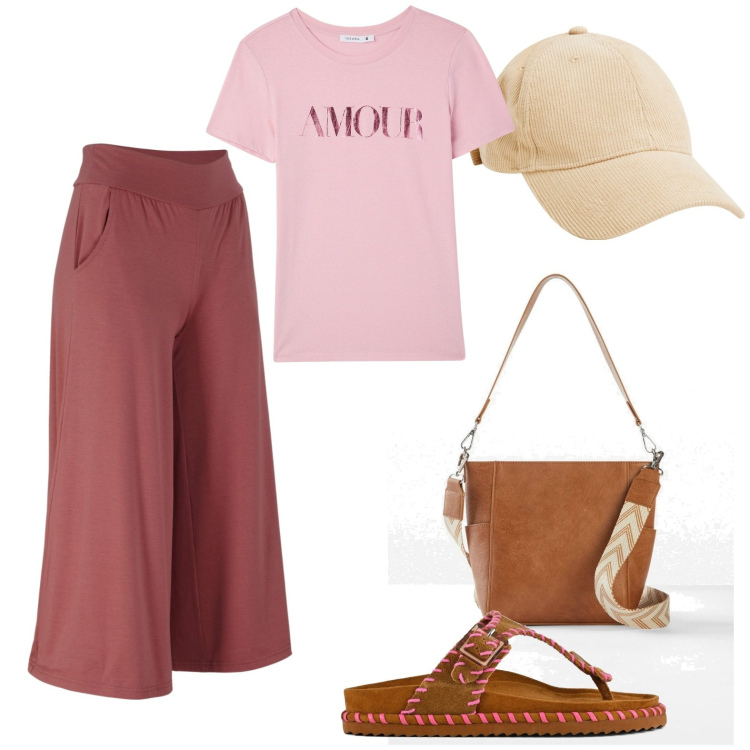 Outfit donna - Passeggiata di primavera. Stile Casual per Tutti i giorni. Abbinamento con pantaloni culotte, borse a tracolla, t-shirt, cappelli con visiera, ciabatte.