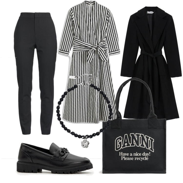 Outfit donna - Total look #2065983. Stile Trendy per Ufficio. Abbinamento con vestiti midi/longuette, mocassini, pantaloni, braccialetti, cappotti, shopping bag.