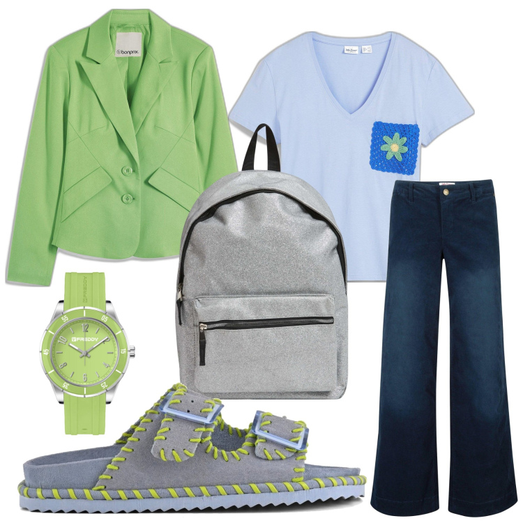 Outfit donna - Wasabi Taste. Stile Casual chic per Scuola/Università. Abbinamento con pantaloni, t-shirt, blazer, zaini, orologi, sandali.