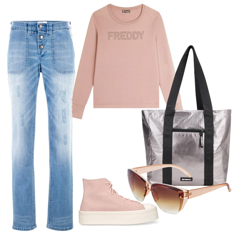 Outfit donna - Pronta per uscire. Stile Casual per Scuola/Università. Abbinamento con jeans boyfriend, occhiali da sole, felpe, shopping bag, sneakers.