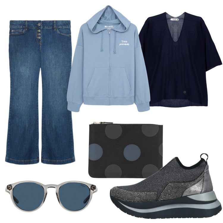 Outfit donna - Total look #2065987. Stile Casual per Tutti i giorni. Abbinamento con sneakers, pochette, felpe con cappuccio, maglieria, occhiali da sole, jeans.