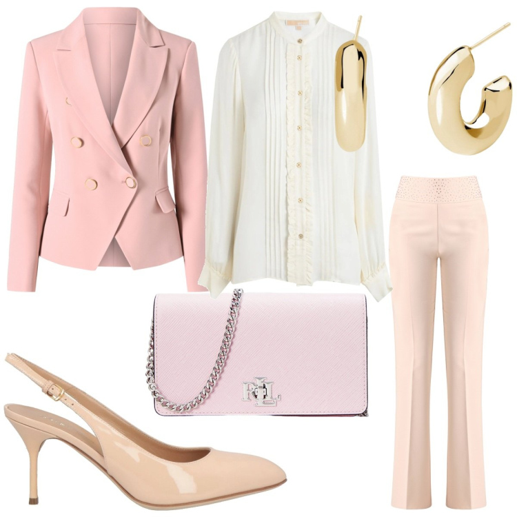 Outfit donna - Tonalità pastello. Stile Bon Ton per Serata fuori. Abbinamento con camicie, décolleté, orecchini, blazer, pantaloni, borse a tracolla.