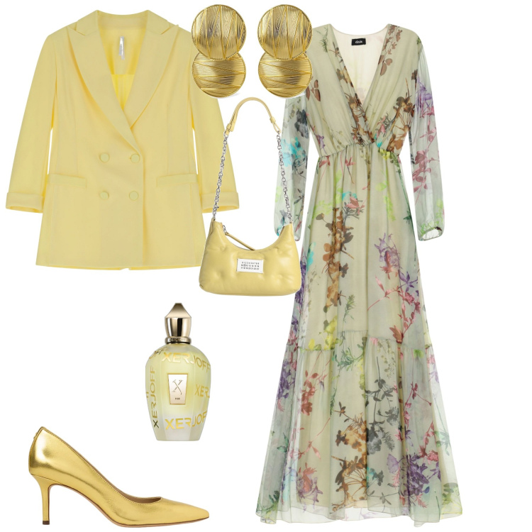 Outfit donna - Cerimonia evento speciale. Stile Romantica per Cerimonia. Abbinamento con borse a spalla, profumi, blazer, vestiti lunghi, décolleté, orecchini.