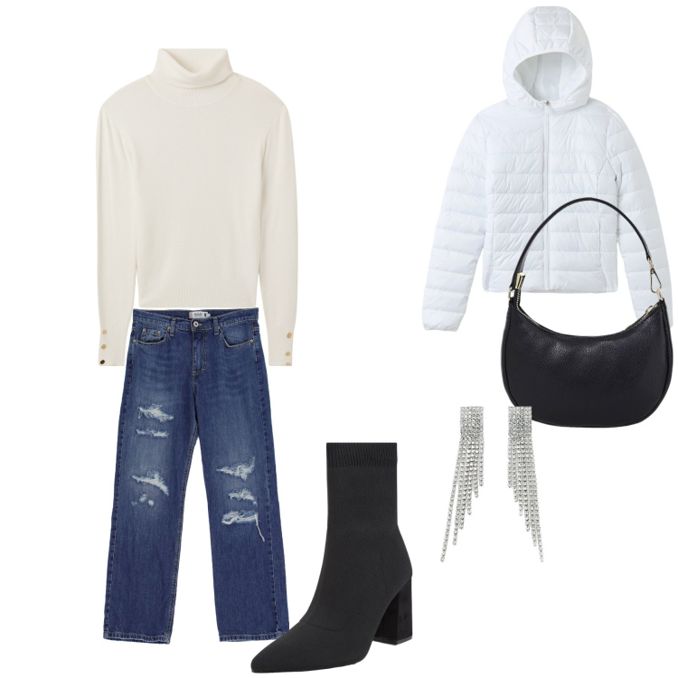 Outfit donna - Semplice ma con in tocco di luce. Stile Basic per Tutti i giorni. Abbinamento con blazer, maglieria, stivaletti, jeans strappati, borse a spalla, orecchini.