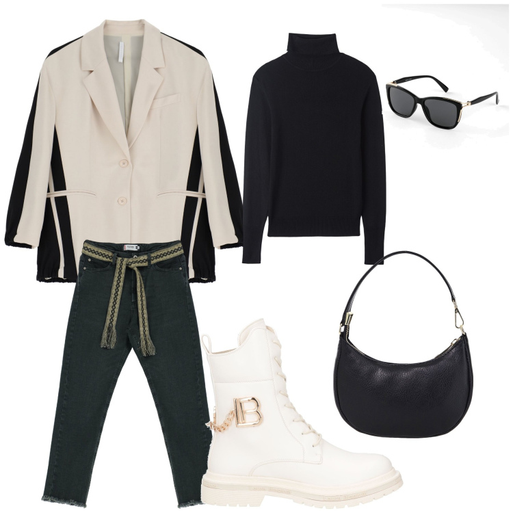 Outfit donna - Tutti i giorni. Stile Casual per Sport. look ideale per Tall. Abbinamento con occhiali da sole, anfibi, maglieria, jeans skinny, blazer, borse a spalla.