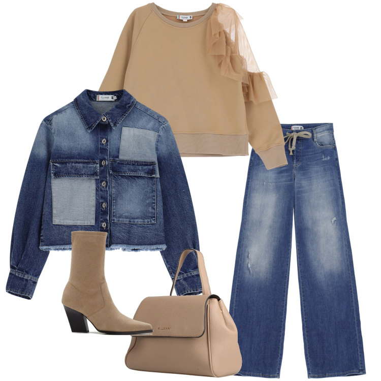 Outfit donna - Casual style. Stile Casual per Serata fuori. Abbinamento con stivaletti, zaini, felpe, jeans a zampa, blazer.