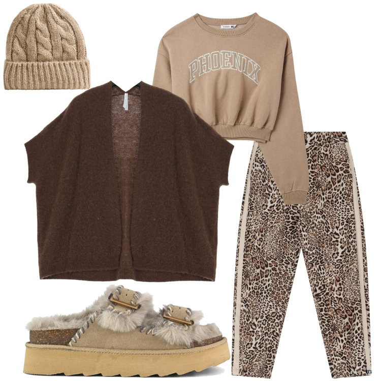 Outfit donna - Total look #2066039. Stile Casual per Tutti i giorni. Abbinamento con felpe sportive, berretti, cardigans, pantaloni sportivi, sandali.