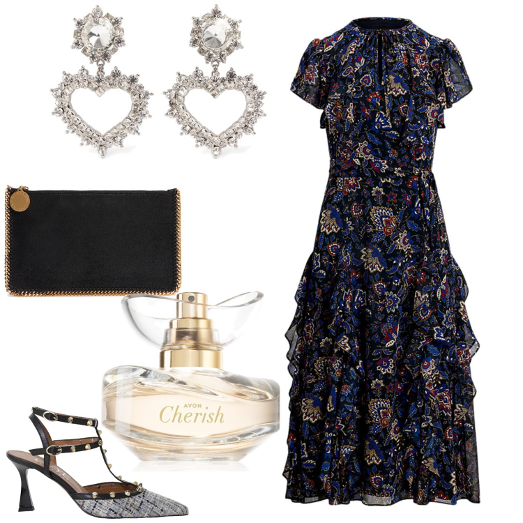 Outfit donna - Romanticismo. Stile Bon Ton per Serata fuori. Abbinamento con profumi, vestiti, décolleté, pochette, orecchini.