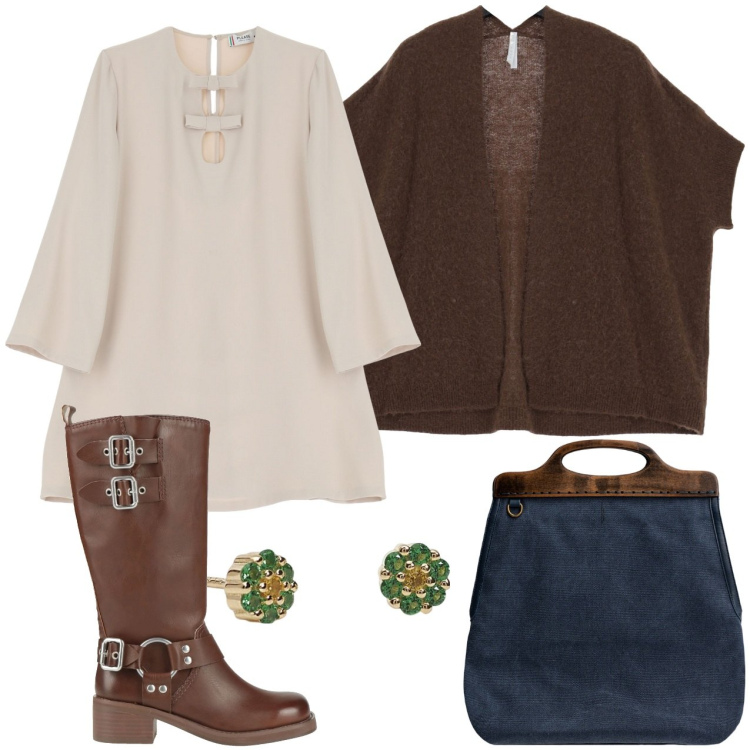 Outfit donna - Toni della terra. Stile Boho per Tutti i giorni. Abbinamento con stivali, orecchini, vestiti corti, cardigans, borse a tracolla.