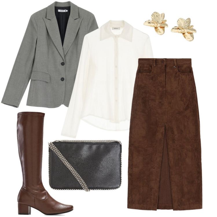 Outfit donna - La gonna in velluto. Stile Casual chic per Ufficio. Abbinamento con stivali, borse a tracolla, blazer, gonne lunghe, camicie, orecchini.