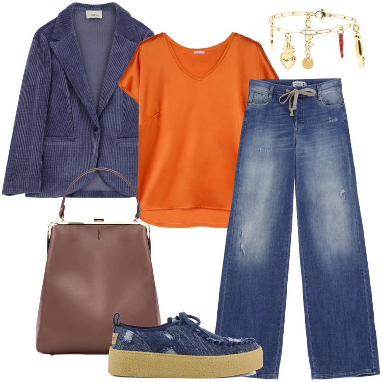Outfit donna - La giacca in velluto. Stile Urban per Tutti i giorni. Abbinamento con jeans a zampa, blazer, braccialetti, mocassini, borse a spalla, t-shirt.
