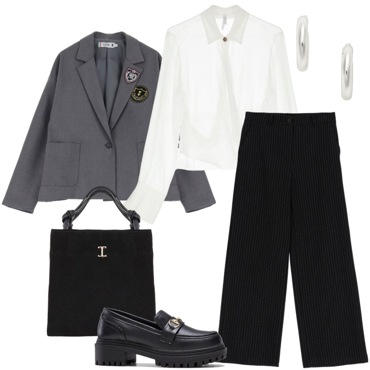 Outfit donna - Il pantalone gessato. Stile Mannish per Ufficio. Abbinamento con mocassini, pantaloni, blazer, camicie, shopping bag, orecchini.