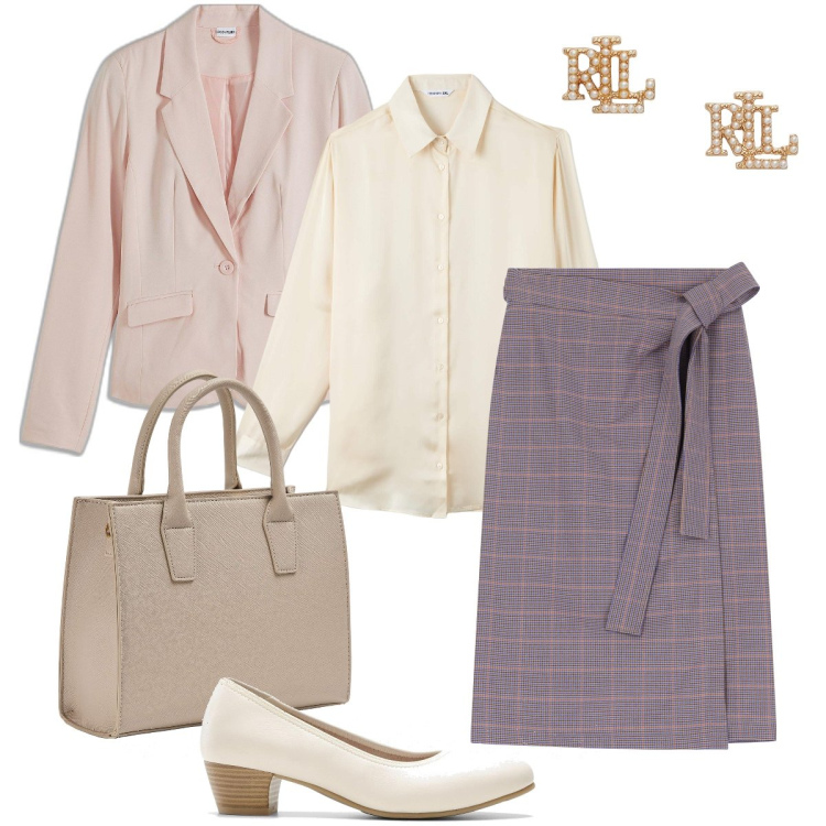 Outfit donna - Colori bon ton. Stile Bon Ton per Ufficio. Abbinamento con blazer, décolleté, camicie, shopping bag, gonne longuette, orecchini.