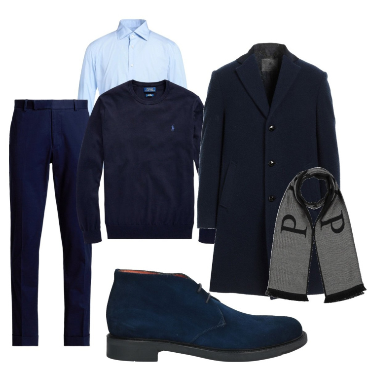 Outfit uomo - Blu chic. Stile Business/Elegante per Ufficio. Abbinamento con camicie, sciarpe, stivali e stivaletti, cappotti, pantaloni chino, maglieria.