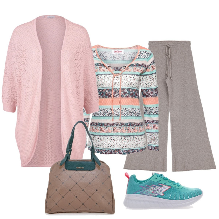 Outfit donna - Tinte pastello annunciano la primavera. Stile Casual chic per Tutti i giorni. Abbinamento con tuniche, cardigans, pantaloni, sneakers, borse a spalla.