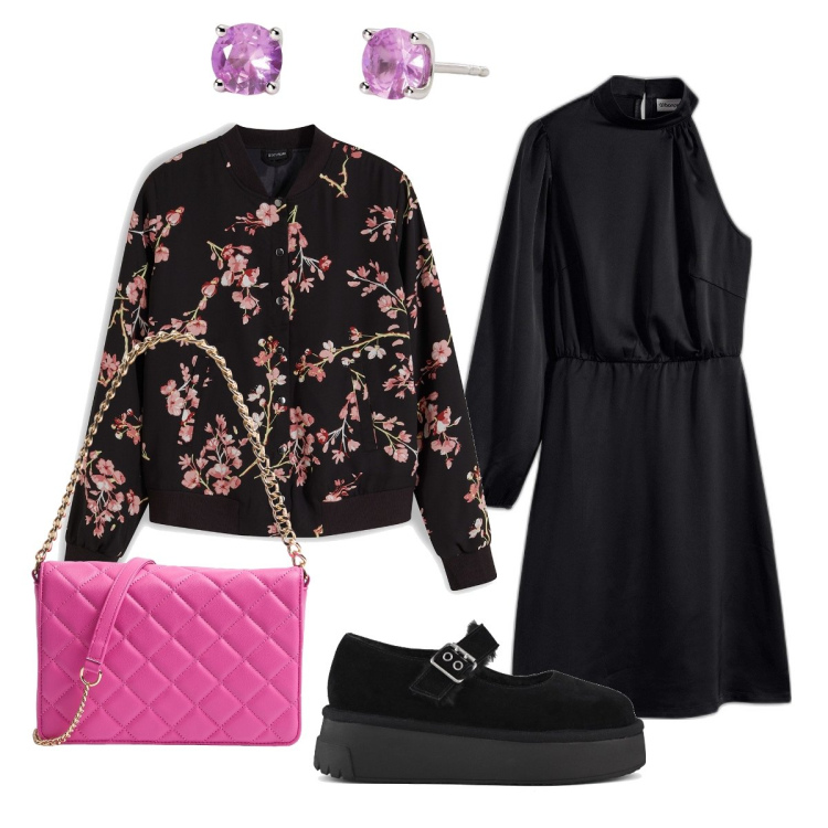 Outfit donna - Il bomber fiorato glamour. Stile Glamour per Serata fuori. Abbinamento con bomber, vestiti asimmetrici, borse a tracolla, orecchini, décolleté.