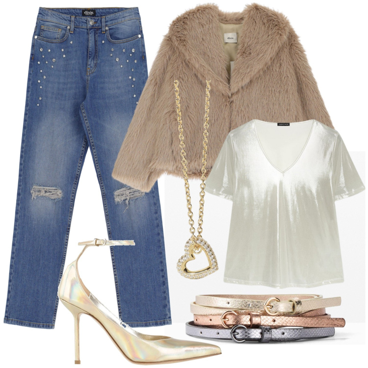 Outfit donna - Scintillante. Stile Casual chic per Tutti i giorni. Abbinamento con cinture, décolleté, collane, blazer, jeans strappati, t-shirt.