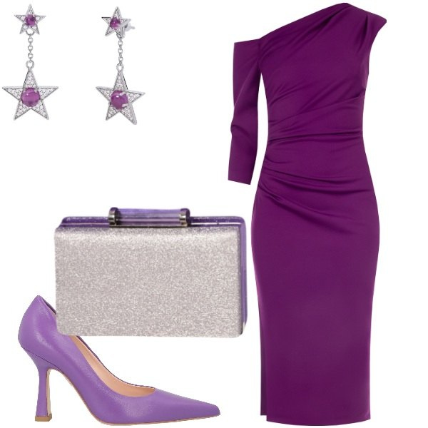 Outfit donna - monospalla colorato. Stile Glamour per Serata fuori. Abbinamento con décolleté, orecchini, vestiti asimmetrici, pochette.