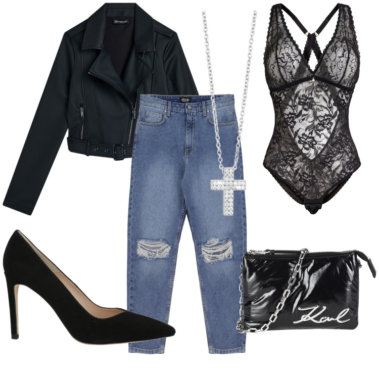 Outfit donna - Nero e rock. Stile Casual chic per Serata fuori. Abbinamento con body, borse a mano, décolleté, collane, giacche, jeans strappati.
