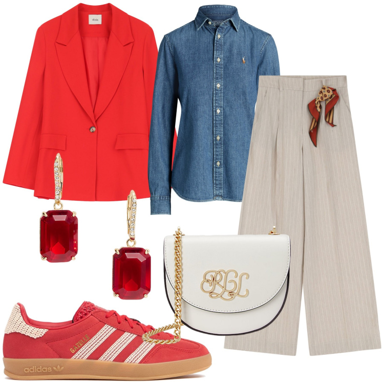 Outfit donna - Tanto Casual e decisamente Chic. Stile Casual chic per Serata fuori. Abbinamento con blazer, pantaloni a palazzo, borse a tracolla, camicie, orecchini, sneakers.