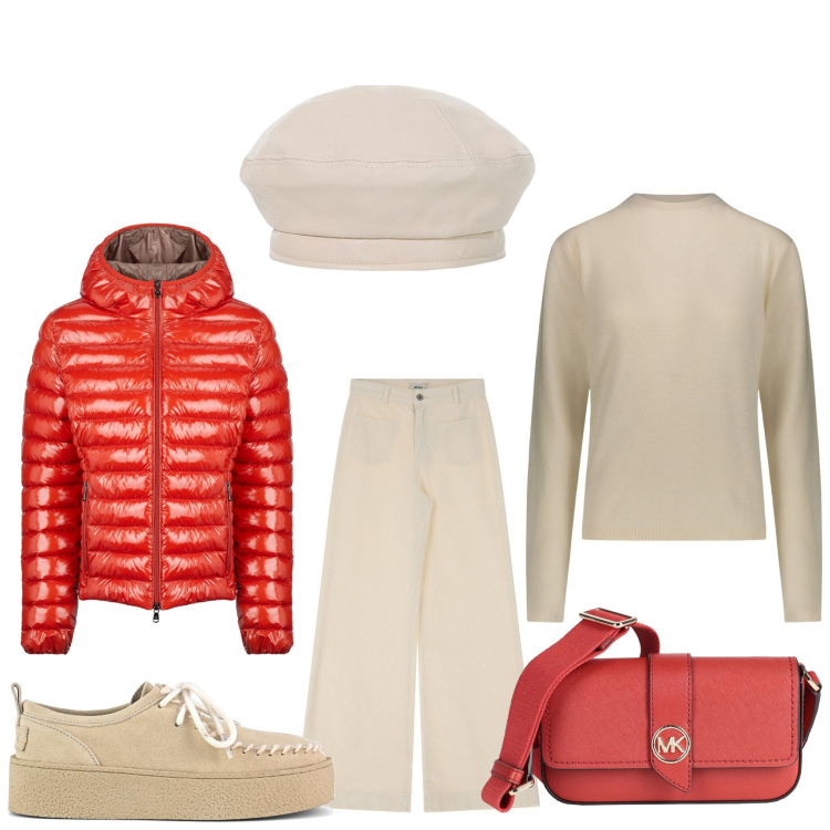 Outfit donna - Rosso e beige. Stile Casual chic per Tutti i giorni. Abbinamento con borse a tracolla, pantaloni a palazzo, cappelli e berretti, blazer, mocassini, pullovers.