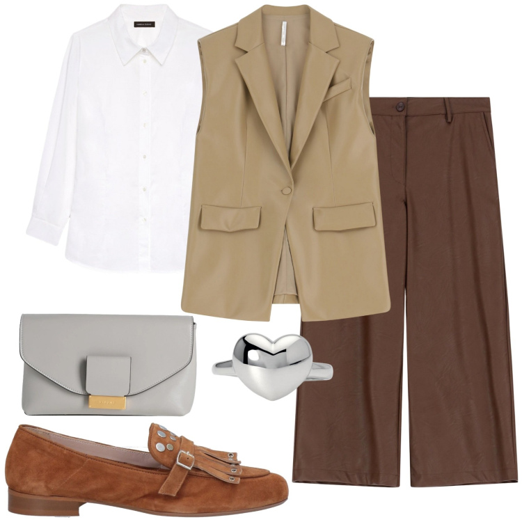 Outfit donna - Mannish con il gilet. Stile Mannish per Tutti i giorni. Abbinamento con mocassini, borse a mano, anelli, pantaloni, gilet, camicie.