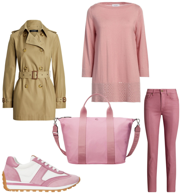 Outfit donna - Sporty chic 8n ufficio. Stile Sporty chic per Ufficio. Abbinamento con pullovers, trench, sneakers, jeans dritti, borse tote.