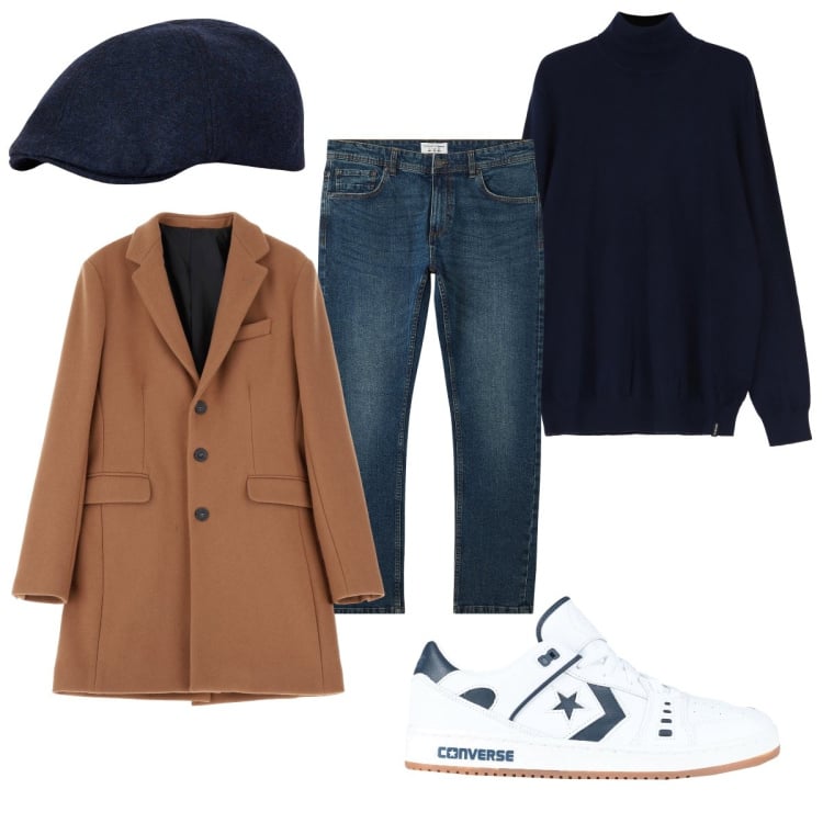 Outfit uomo - Passeggiata in centro. Stile Trendy per Tutti i giorni. Abbinamento con sneakers, jeans, maglieria, cappotti, cappelli con visiera.