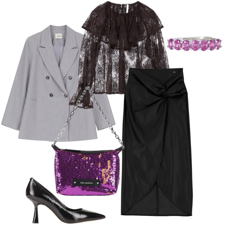 Outfit donna - Dettagli viola. Stile Vintage retrò per Serata fuori. Abbinamento con borse a mano, décolleté, camicie, anelli, blazer, gonne.