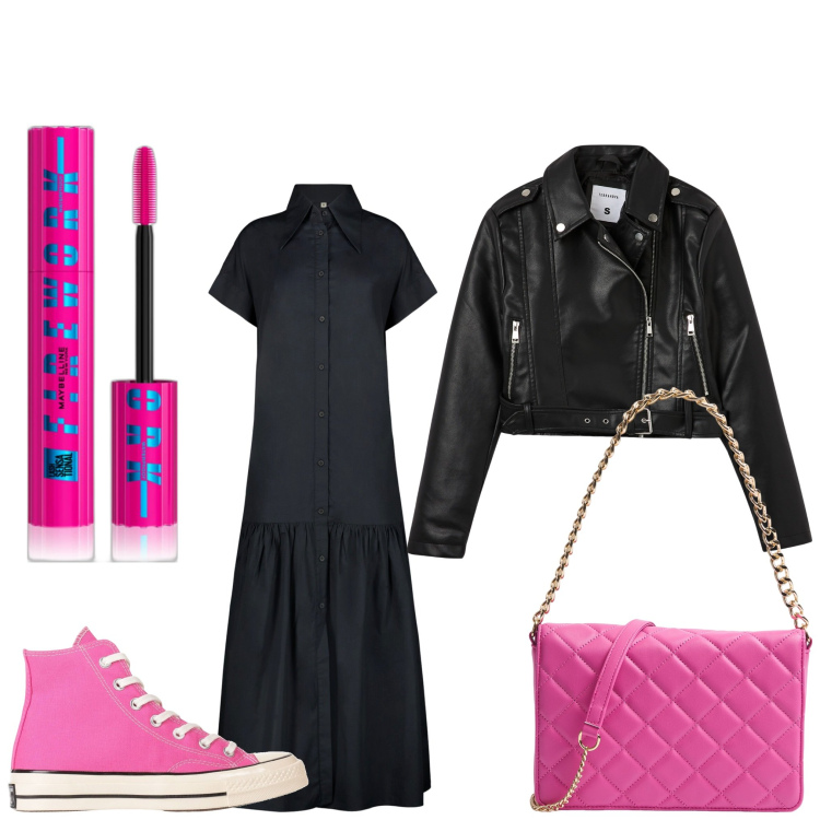 Outfit donna - Fucsia rock. Stile Rock per Serata fuori. Abbinamento con sneakers alte, mascara, borse a tracolla, giacche, vestiti lunghi.