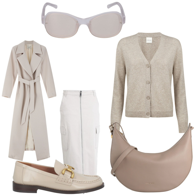 Outfit donna - Il primo sole. Stile Casual chic per Ufficio. Abbinamento con gonne lunghe, mocassini, borse a tracolla, cappotti, cardigans, occhiali da sole.
