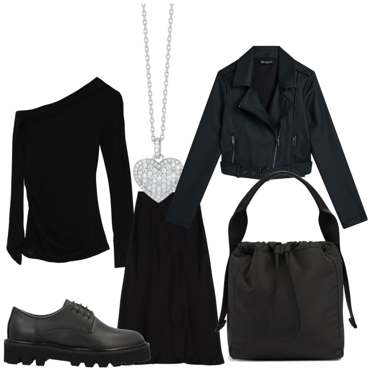 Outfit donna - Un cuore black. Stile Casual chic per Serata fuori. Abbinamento con scarpe stringate, collane, gonne longuette, maglieria, giacche, borse a mano.