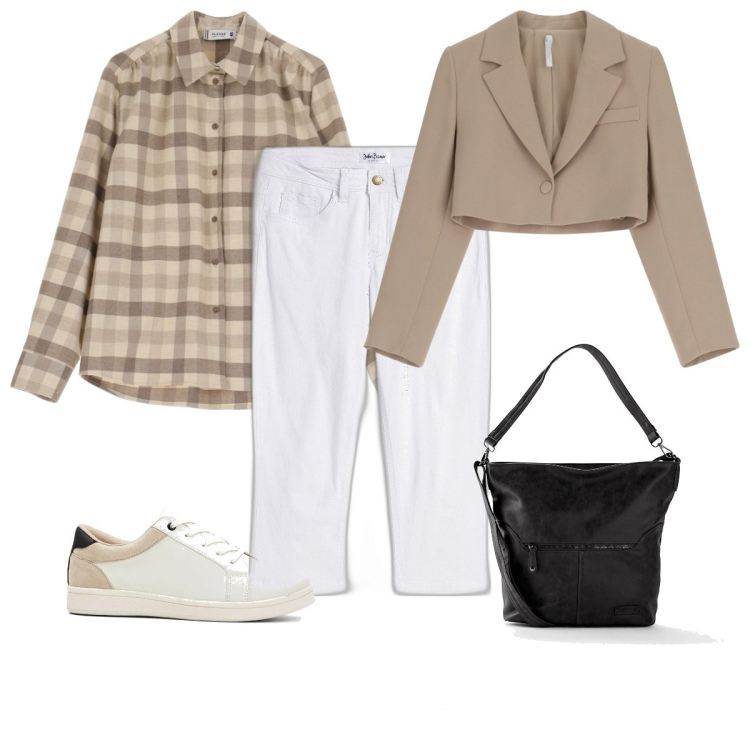 Outfit donna - Total look #2066179. Stile Trendy per Tutti i giorni. Abbinamento con jeans slim fit, borse a tracolla, sneakers, camicie, blazer.