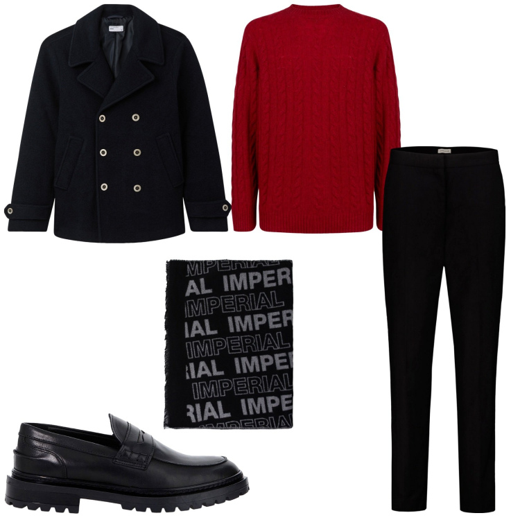 Outfit uomo - Lana per l\'inverno. Stile Casual per Ufficio. Abbinamento con cappotti, scarpe stringate, sciarpe, maglieria, pantaloni chino.
